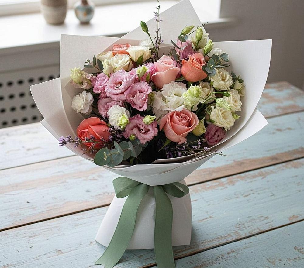 Букет цветов из: Розы, Лизиантусы и Гвоздики в Архангельске