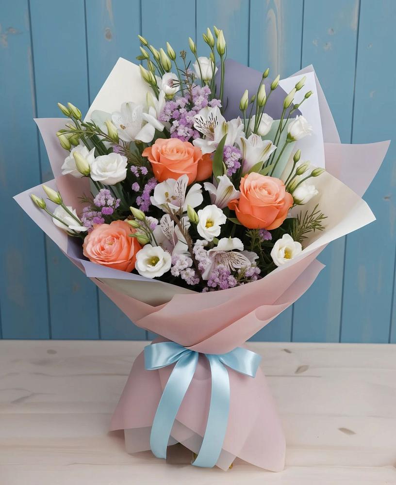 Букет цветов из: Лизиантусы, Розы, Альстромерии и Гипсофила в Архангельске