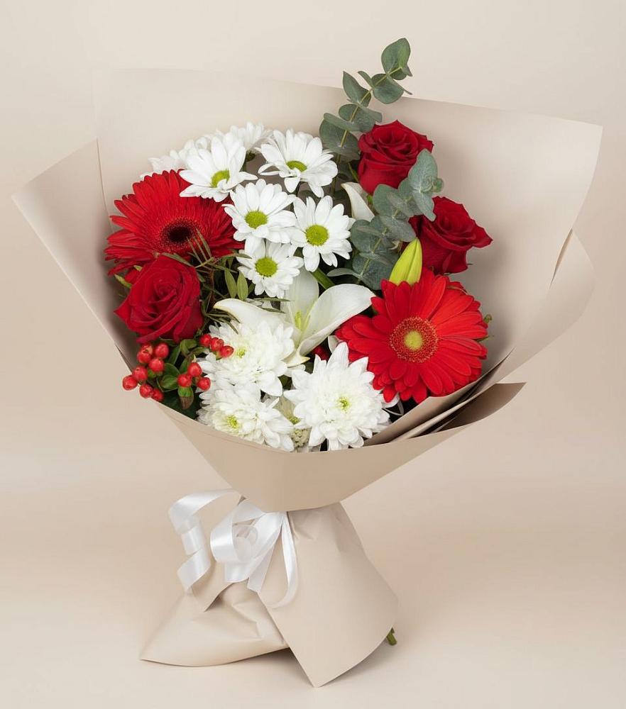Букет цветов из: Розы, Хризантемы, Герберы и Лилии в Архангельске